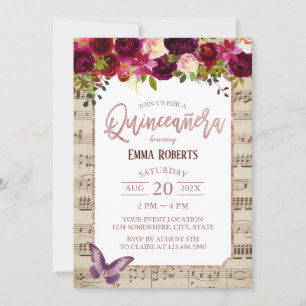 Convites Quinceanera Vintage Burgundy Música Floral Aniver