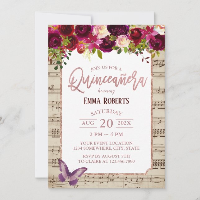 Convites Quinceanera Vintage Burgundy Música Floral Anivers (Frente)