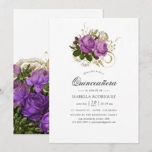 Convites Quinceañera Vintage Chic Roxo e Dourado