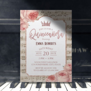 Convites Quinceanera Vintage Rosa Música Floral Aniversár