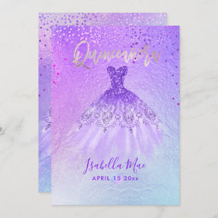 Convites Quinceanera Violet+Blue Gown+Confetti