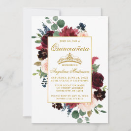 Convites Quinceanera Watercolor Burgundy Foto Floral Rosa R