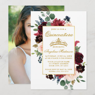 Convites Quinceanera Watercolor Burgundy Foto Floral Rosa R