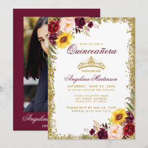 Convites Quinceanera Watercolor Foto Dourada Coroa Floral