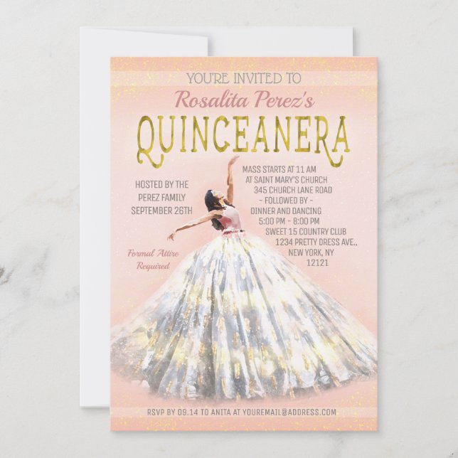 Convites Quinceanera Watercolor Vestir Linho Dourado Rosa (Frente)