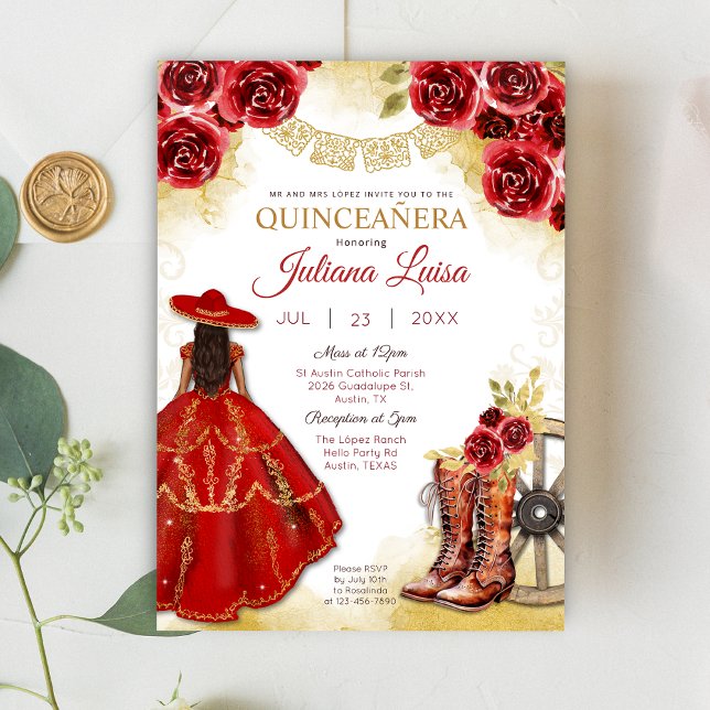 Convites Quinceañera Western Red Dourada Charra Boots Flora (Criador carregado)