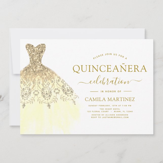 Convites Quinceanera White e Glitter Sparkle Dourado (Frente)