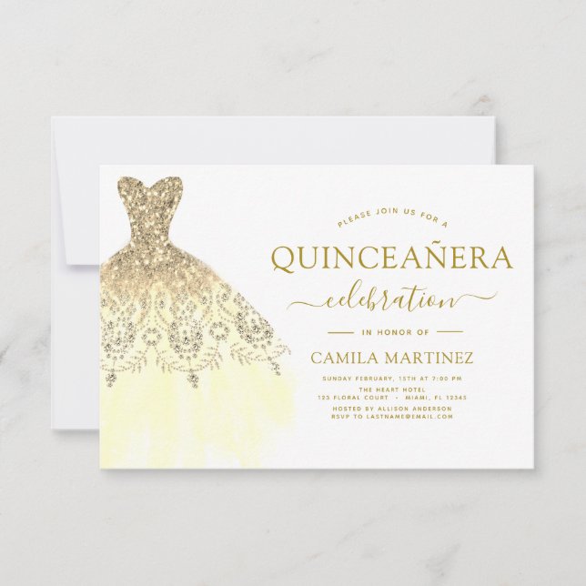 Convites Quinceanera White e Glitter Sparkle Dourado (Frente)