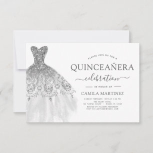 Convites Quinceanera White e Silver Glitter Sparkle