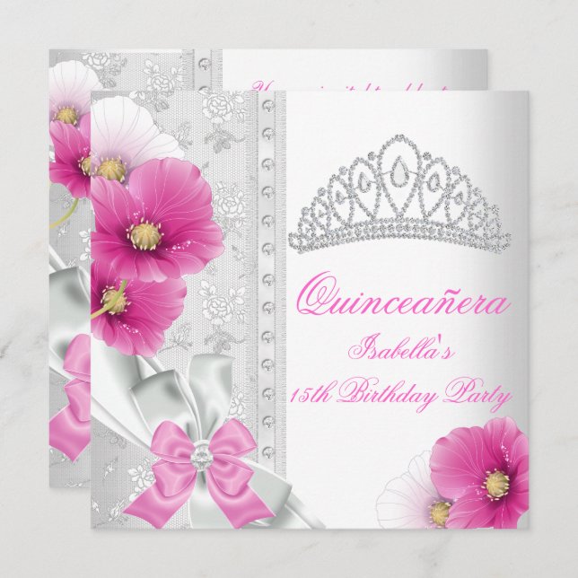 Convites Quinceañera White Pink Diamond Floral Tiara (Frente/Verso)