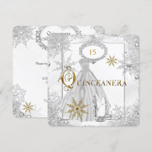 Convites Quinceanera White Silver Flocos de Neve Tiara