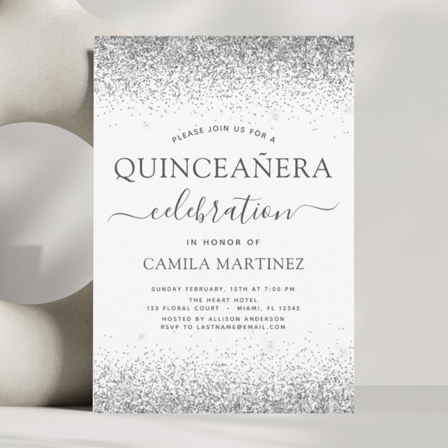 Convites Quinceanera White Silver Modern Glitter Sparkle (Criador carregado)