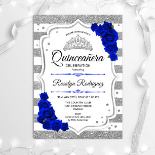 Convites Quinceanera - White Silver Stripes Royal Blue