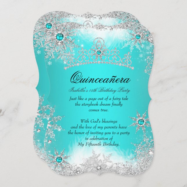 Convites Quinceanera Winter Wonderland Aqua White Snow (Frente/Verso)