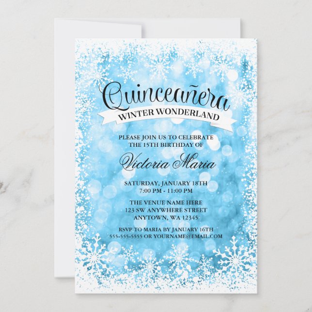 Convites Quinceanera Winter Wonderland Blue Sparkle (Frente)