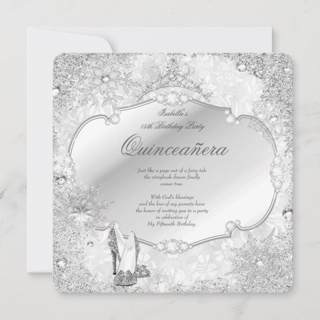 Convites Quinceanera Winter Wonderland Floco de Neve Prata  (Frente)