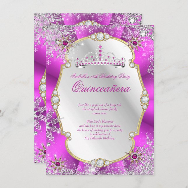 Convites Quinceanera Winter Wonderland Hot Pink Prata Doura (Frente/Verso)