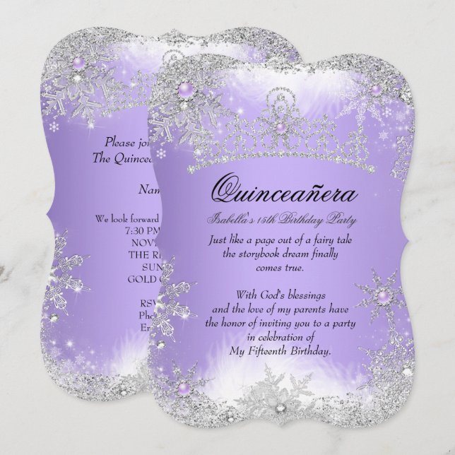 Convites Quinceanera Winter Wonderland Lilac Purple Snow (Frente/Verso)