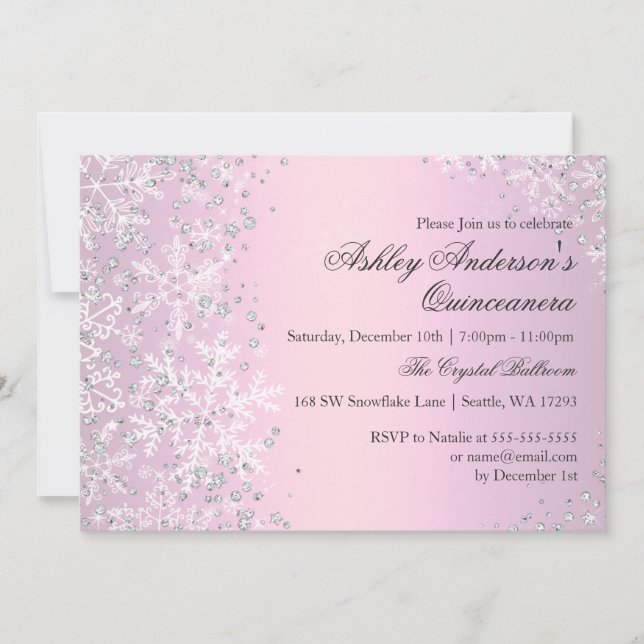Convites Quinceanera Winter Wonderland Pink Snowflakes (Frente)