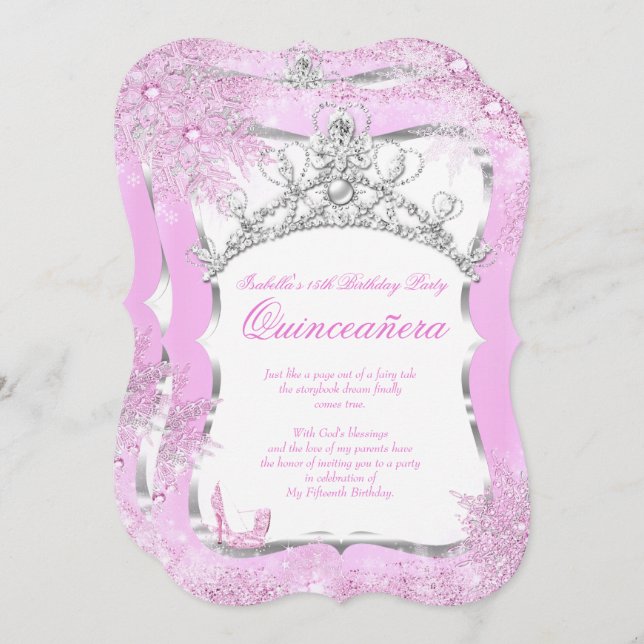 Convites Quinceanera Winter Wonderland Silver Heels Rosa 2 (Frente/Verso)