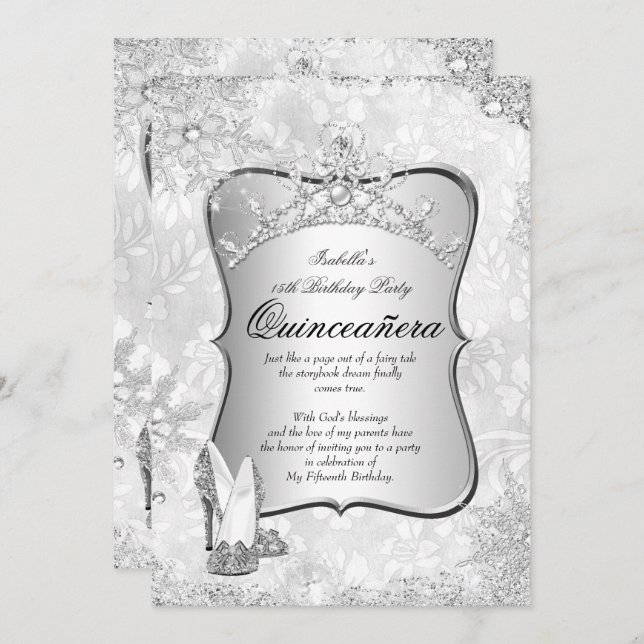 Convites Quinceanera Winter Wonderland Silver Snowflake 2 (Frente/Verso)