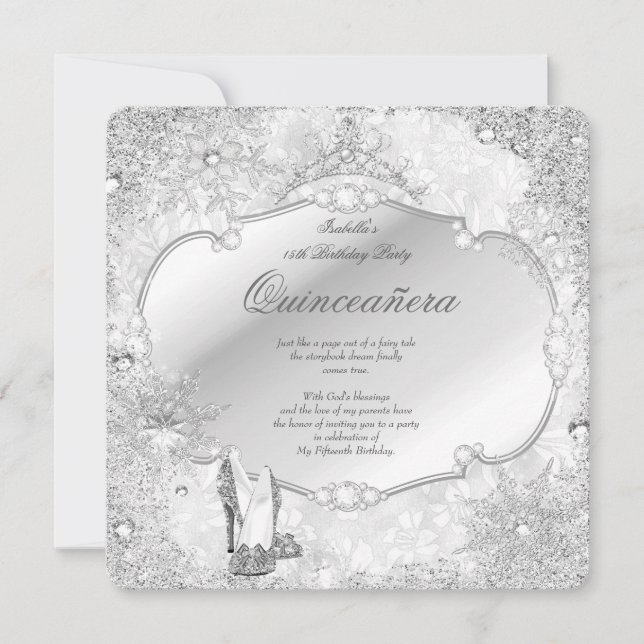 Convites Quinceanera Winter Wonderland Silver Snowflake A (Frente)