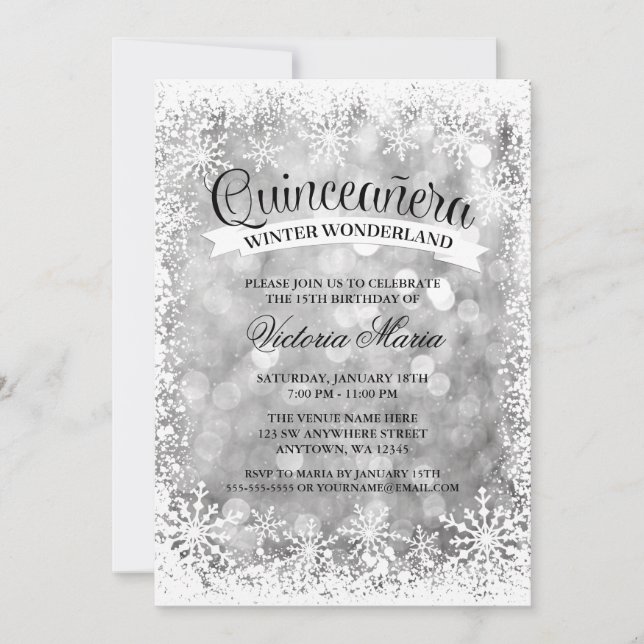 Convites Quinceanera Winter Wonderland Silver Sparkle (Frente)