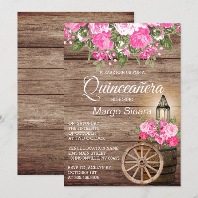 Convites Quinceañera Wood Barrel e Flores Rosa (Frente/Verso)