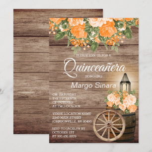 Convites Quinceañera Wood Barrel e Orange Flowers