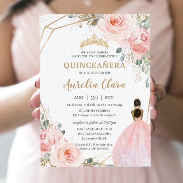 Convites Quinceañera XV Blush Pink Floral Princesa (Criador carregado)