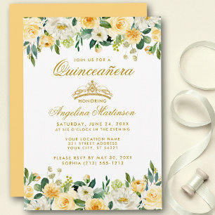 Convites Quinceanera Yellow Dourada Coroa Floral Branca Con