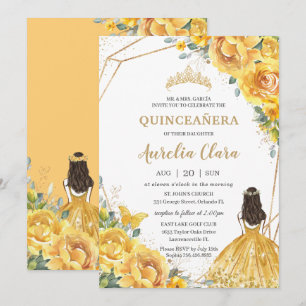 Convites Quinceañera Yellow Floral Dourada Princesa 15 Ano