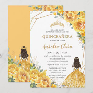 Convites Quinceañera Yellow Floral Dourada Princess 15 Ano
