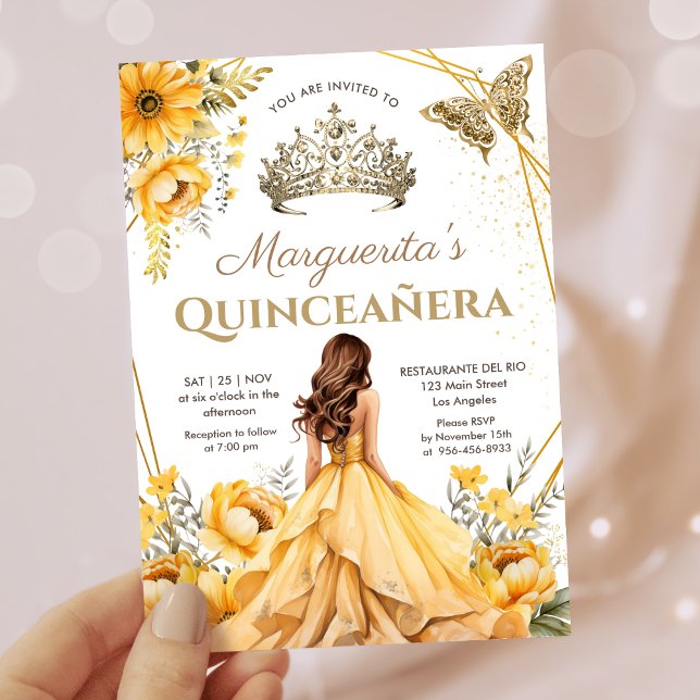 Convites Quinceañera Yellow Floral Dourada Tiara Princess (Criador carregado)