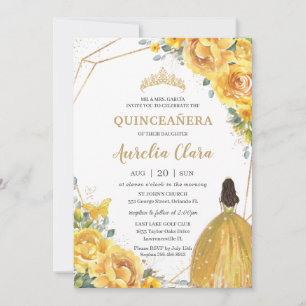 Convites Quinceañera Yellow Floral Princess Crown Anivers