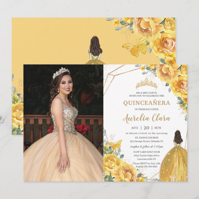 Convites Quinceañera Yellow Floral Princess Crown Aniversár (Frente/Verso)