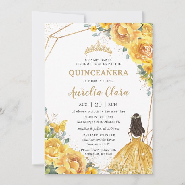 Convites Quinceañera Yellow Floral Rosa Princesa Aniversári (Frente)