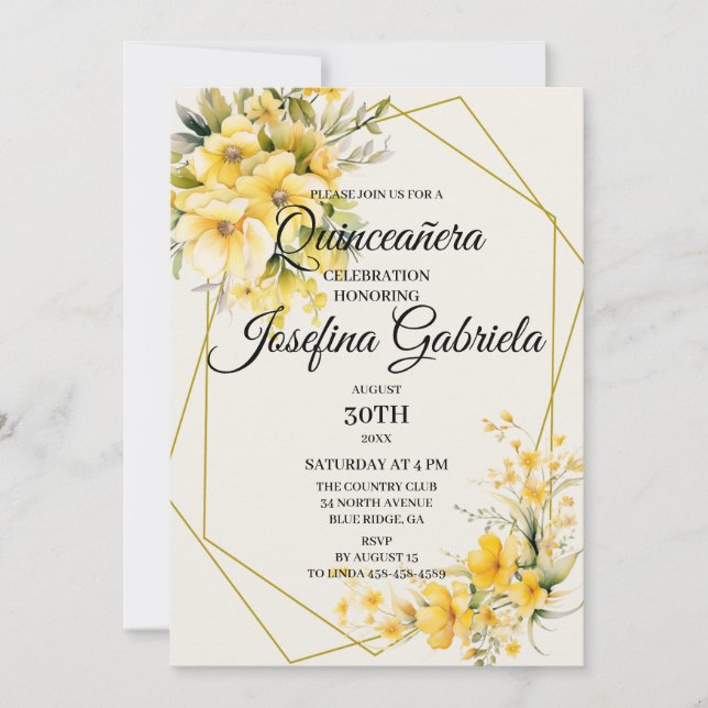 Convites Quinceañera Yellow Gold Invitation (Frente)