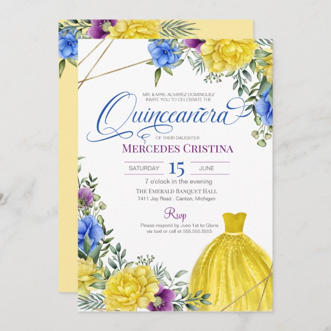 Convites Quinceañera Yellow Vestir flores brilhantes (Frente/Verso)