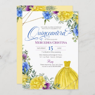 Convites Quinceañera Yellow Vestir flores brilhantes