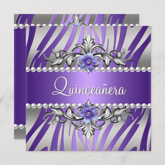 Convites Quinceañera Zebra Pearle Silver (Frente/Verso)