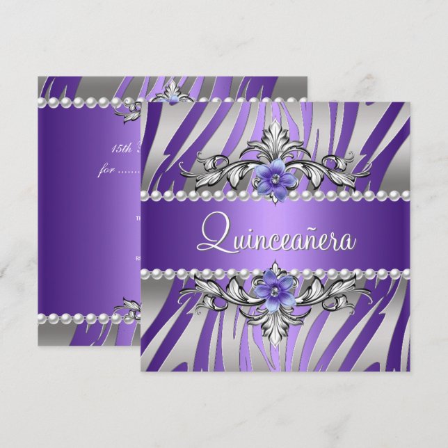 Convites Quinceañera Zebra Roxo Pérola Prata (Frente/Verso)