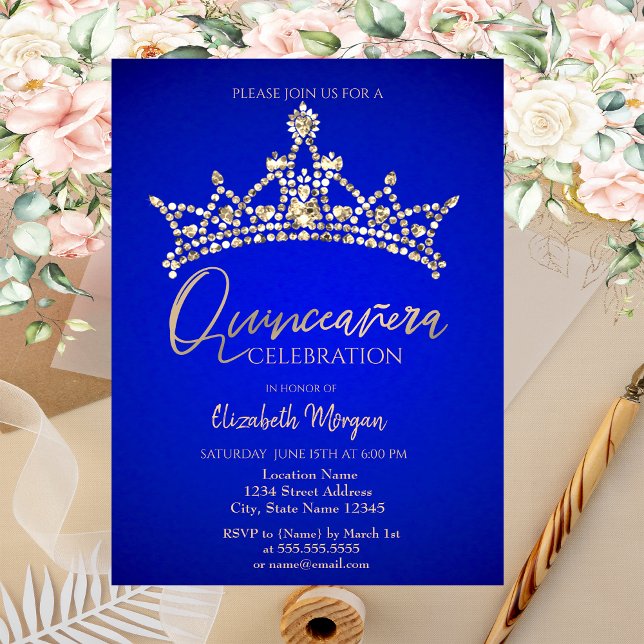 Convites Quinceñera Azul-Coroa Simples (Criador carregado)