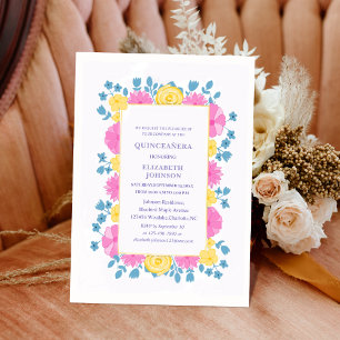 Convites quinceñera cor-de-rosa amarela e azul floral color