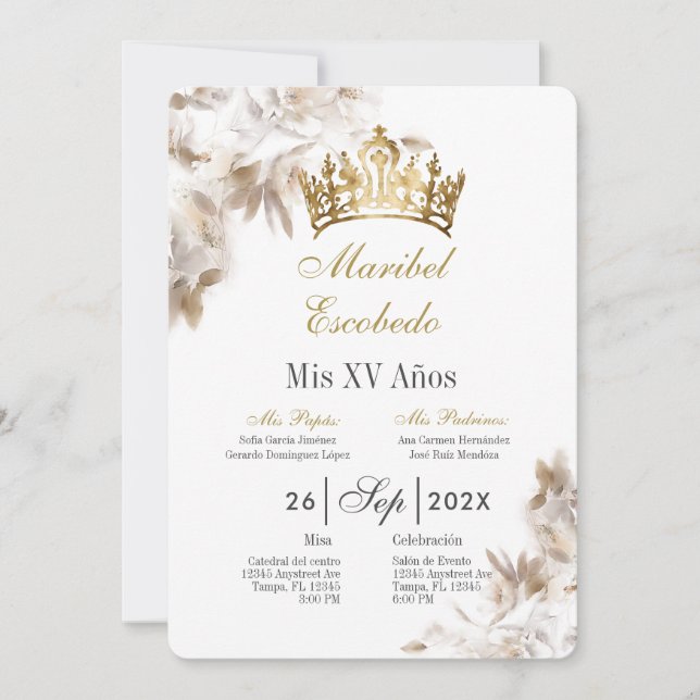 Convites quinceñera da coroa Dourada (Frente)