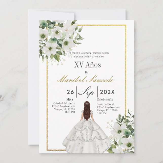 Convites Quinceñera de vestido branco (Frente)