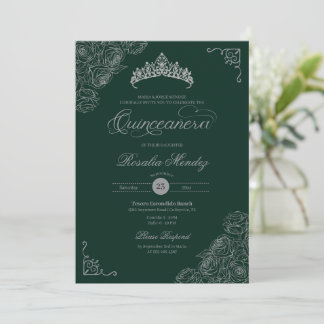 Convites Quinceñera Elegante de Rosas Verdes e Prateados