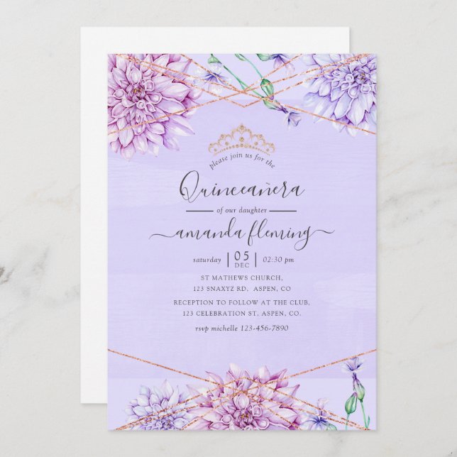 Convites Quinceñera lavanda e Dourada Geométrica Floral (Frente/Verso)