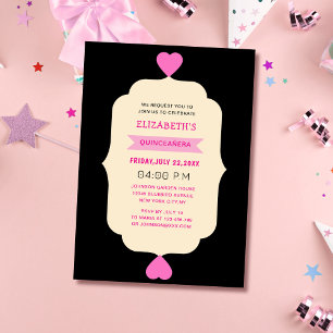 Convites quinceñera rosa, preto e creme