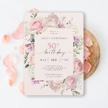 Convites Quinquenta Festa de aniversário Floral Rosa Femini<br><div class="desc">Comemore um aniversário de 50 anos em estilo feminino encantador com este irresistível convite de aniversário floral a rosa pastel. Rosas rosa femininas, flores misturadas e verde rodeiam seu texto num quadro floral elegante. Todo o texto pode ser personalizado para o seu partido, incluindo a idade do convidado de honra....</div>
